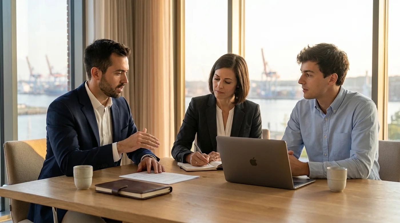 Team bei der gemeinsamen Arbeit am Besprechungstisch — Zusammenarbeit auf Augenhöhe